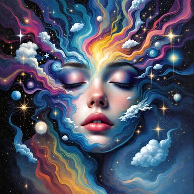The primary subject of the image is a woman's face, which is the main focus of the image. The setting is a colorful, swirling background that adds a vibrant and lively atmosphere to the scene. The visual style is a digital art or illustration, as the woman's face is depicted in a creative and artistic manner. The colors and mood of the image are predominantly bright and cheerful, with the woman's face being the central point of interest.